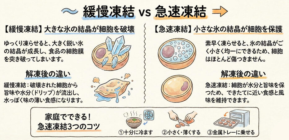 食品の品質は凍結の速さで決まることを解説する教育用イラスト。緩慢凍結と急速凍結の違いと家庭での3つのコツを図解。